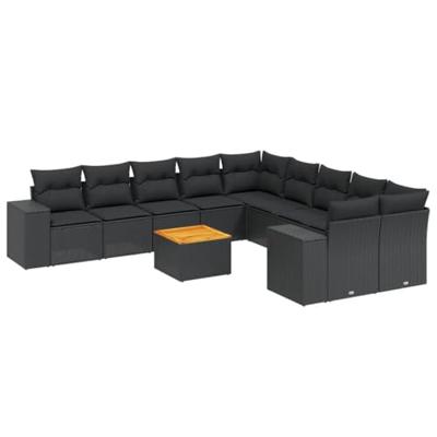 11-delige Loungeset met kussens poly rattan zwart