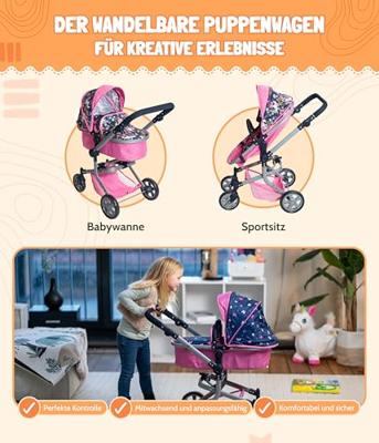 Combi-poppenwagen Mika - Melange Grijs Roze Combi-poppenwagen Mika - Melange Grijs Roze