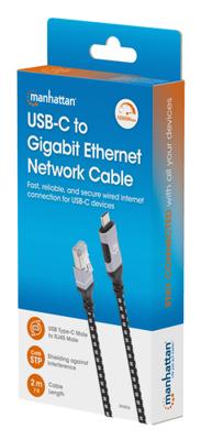 Manhattan USB-kabel USB 3.2 Gen1 (USB 3.0 / USB 3.1 Gen1) RJ45, USB-C stekker 200 cm Zwart/zilver Folie afscherming, Stoffen mantel 394826 Manhattan USB-kabel USB 3.2 Gen1 (USB 3.0 / USB 3.1 Gen1) RJ45, USB-C stekker 200 cm Zwart/zilver Folie afscherming, Stoffen mantel 394826