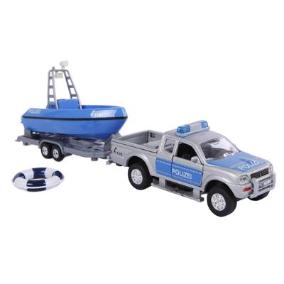 2 Play Duitse politiewagen met boot pull back 27 cm blauw/grijs
