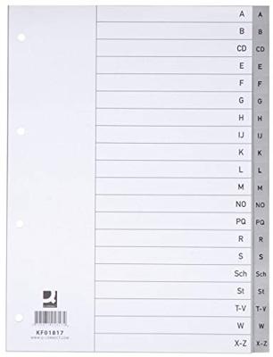Q-CONNECT tabbladen, A4, PP, 11-gaatsperforatie, met indexblad, set van A-Z, 20 tabs, grijs