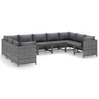 9-delige Loungeset met kussens poly rattan grijs - thumbnail