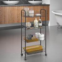 Metaltex ascona trolly met wielen + 4 manden 41x23x84 cm mat zwart/metaal - thumbnail