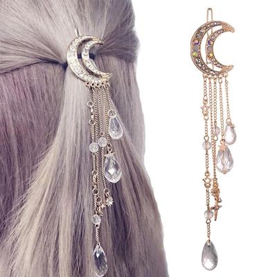 Mode elegante vrouwen Lady maan Rhinestone Crystal kwast lange keten kralen Dangle haarspeld Hair clip haar juwelen (Rose goud)