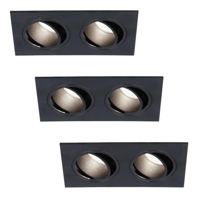 Set van 3 Mallorca LED inbouwspot - IP20 - Kantelbaar - 8 Watt 690 Lumen - 6500K Daglicht wit - Dubbel - GU10 - Dimbaar - Rechthoek - Voor binnen - Zwart