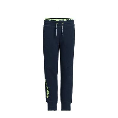 WE Fashion slim fit joggingbroek met tekst donkerblauw/neon groen WE Fashion slim fit joggingbroek met tekst donkerblauw/neon groen