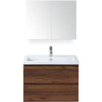 Vogue Badmeubelset 80 cm - Greeplijst in Kleur - Walnoot - Keramische Wastafel Wit 1 Kraangat met Spiegelkast - thumbnail