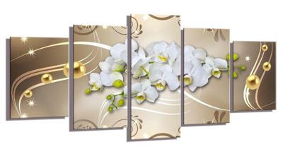 Schilderij - Abstracte orchidee, Wit/Bruin. 200X100cm, 5luik