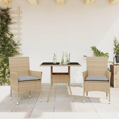 3-delige Tuinset met kussens poly rattan en glas beige