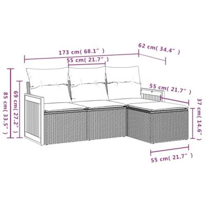 4-delige Loungeset met kussens poly rattan grijs