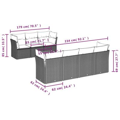 8-delige Loungeset met kussens poly rattan zwart