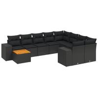 10-delige Loungeset met kussens poly rattan zwart - thumbnail