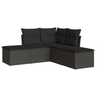 5-delige Loungeset met kussens poly rattan zwart - thumbnail