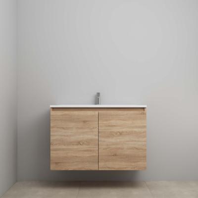 On-Line Onderkast - 100 cm - Voorgemonteerd - Greeploos 2 Deuren - Acryl Wastafel - 1 Kraangat - Eiken