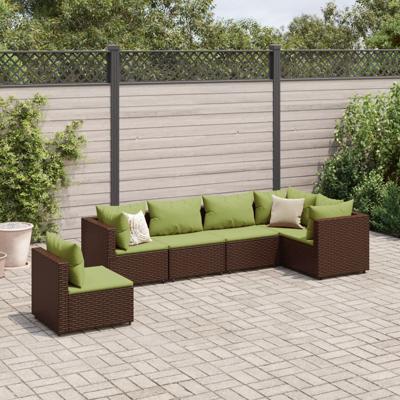 6-delige Loungeset met kussens poly rattan bruin