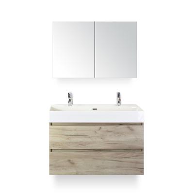 Maxx XL Badmeubelset 100 cm - Craft Oak - Wastafel Kube 2 kraangaten - met Spiegelkast