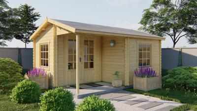 Blokhut Johan 500x410 cm - Honing geïmpregneerd- Zadeldak- Geïmpregneerd vurenhout- Tuindeco Blokhut Johan 500x410 cm - Honing geïmpregneerd- Zadeldak- Geïmpregneerd vurenhout- Tuindeco