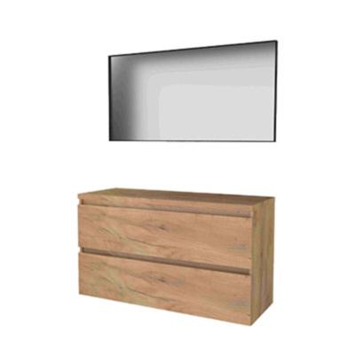 Basic-Line Framed 46 Badkamermeubelset - 120 x 46 cm - Greeploos - 2 Lades - Wastafelblad - Spiegel met Zwart Aluminium Frame - Whisky Oak