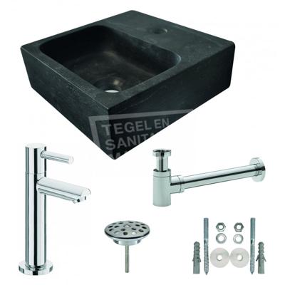 Fonteinset Natura Vierkant 30x30x10cm Hardsteen Antraciet Chroom Toiletkraan Sifon Plug Bevestigingsset