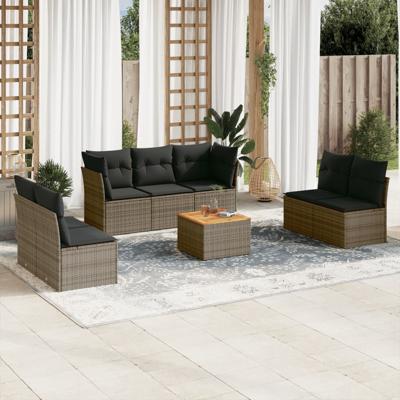 8-delige Loungeset met kussens poly rattan grijs