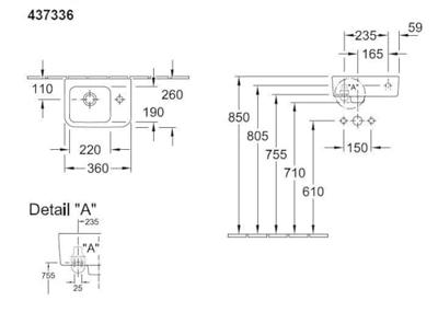 Villeroy & Boch Architectura fontein - 36x26cm - 1 kraangat rechts - met overloop - ceramic wit 43733601