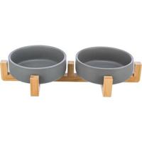 TRIXIE VOERBAK DRINKBAK SET KERAMIEK GRIJS / HOUT 31X16X6 CM 2X300 ML - thumbnail