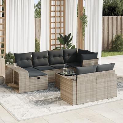 10-delige Loungeset met kussens poly rattan lichtgrijs