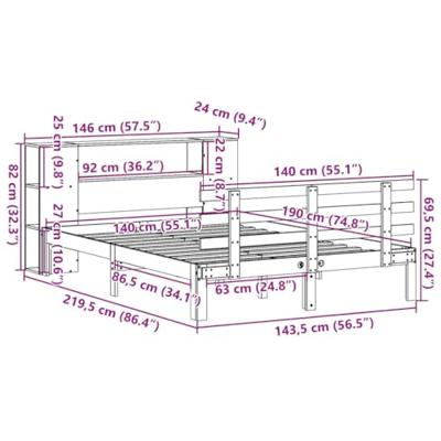 Bed met boekenkast zonder matras massief grenenhout 140x190 cm - thumbnail