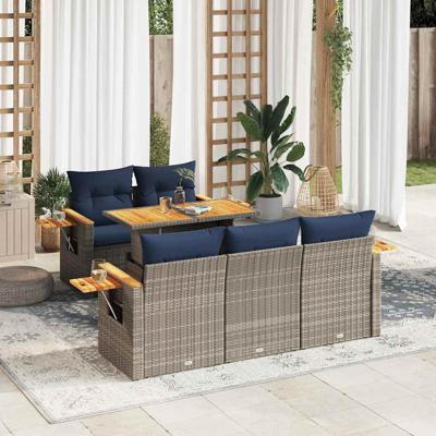 6-delige Loungeset met kussens poly rattan grijs 6-delige Loungeset met kussens poly rattan grijs