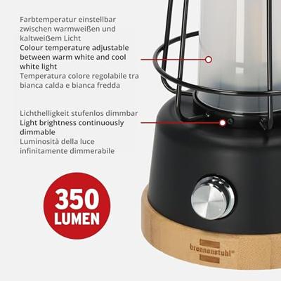 Brennenstuhl 1171800 Oplaadbare Campinglamp Cal 1 Met Henneptouw En Bamboevoet (370 Lm, Ip44, Brandtijd Tot 75h, Dimbaar, Instelbare Lichtkleur)