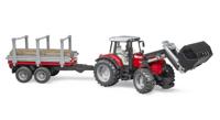 bruder Massey Ferguson 7480 met voorlader en houttrailer modelvoertuig - thumbnail
