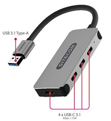 Sitecom CN-388 USB-A hub naar 4 poorts USB-C - 5 Gbps USB - voor USB type A apparaten