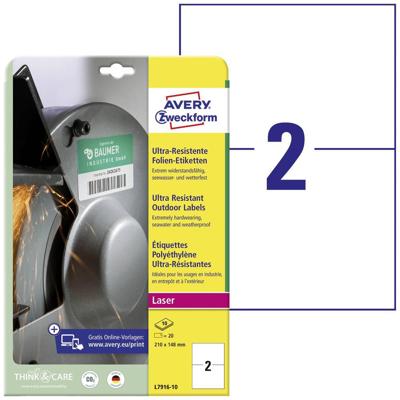 Avery-Zweckform L7916-10 210 x 148 mm Polyethyleen folie Wit 20 stuk(s) Permanent hechtend Folie-etiketten Avery-Zweckform L7916-10 210 x 148 mm Polyethyleen folie Wit 20 stuk(s) Permanent hechtend Folie-etiketten