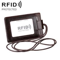 KB153 Antimagnetic RFID Leather Card Holder ID Card Badge with Lanyard (Coffee) - thumbnail