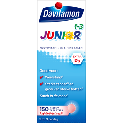 Davitamon Junior 1-3 smelttablet aardbei 150 Tabletten Davitamon Junior 1-3 smelttablet aardbei 150 Tabletten