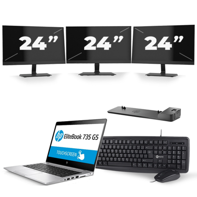 HP EliteBook 735 G5 - AMD Ryzen 5 PRO 2500U - 13 inch - 8GB RAM - 256GB SSD - Windows 10 + 3x 24 inch Monitor