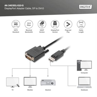 Digitus AK-340301-010-S DisplayPort-kabel DisplayPort / DVI Adapterkabel DisplayPort-stekker, DVI-D 24+1-polige stekker 1.00 m Zwart Schroefbaar