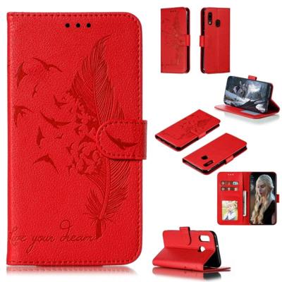Feather patroon Litchi textuur horizontale Flip lederen draagtas met portemonnee & houder & kaartsleuven voor Galaxy A20e (rood)
