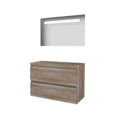 Basic-Line Economic 46 Badkamermeubelset - 100 x 46 cm - Greeploos - 2 Lades - Wastafelblad - Spiegel met LED Verlichting - Scotch Oak