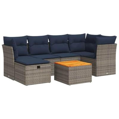 7-delige Loungeset met kussens poly rattan grijs