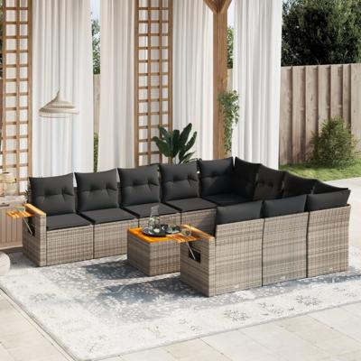 10-delige Loungeset met kussens poly rattan grijs