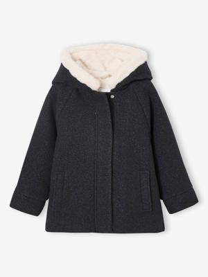 Mantel met capuchon van wollen stof voor meisjes antraciet Mantel met capuchon van wollen stof voor meisjes antraciet