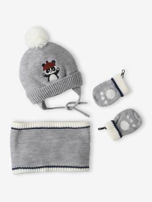 Set voor babyjongen met mutsje + snood + wanten "panda" gemêleerd grijs Set voor babyjongen met mutsje + snood + wanten "panda" gemêleerd grijs