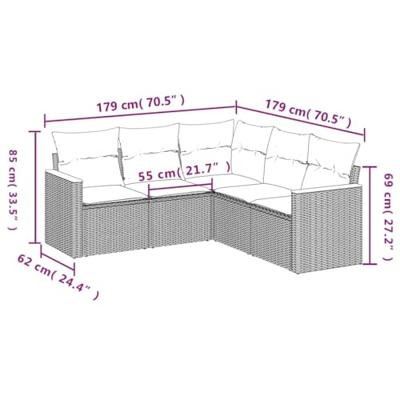 5-delige Loungeset met kussens poly rattan grijs