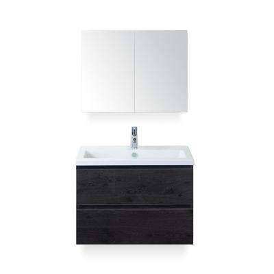 Vogue Badmeubelset 80 cm - Greeplijst in kleur - Black Oak - Keramische Wastafel Wit 1 kraangat - met Spiegelkast