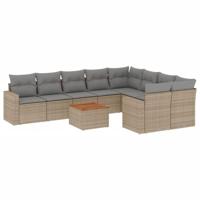 10-delige Loungeset met kussens poly rattan gemengd beige - thumbnail