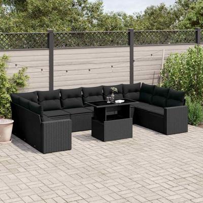 11-delige Loungeset met kussens poly rattan zwart