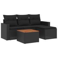 5-delige Loungeset met kussens poly rattan zwart - thumbnail