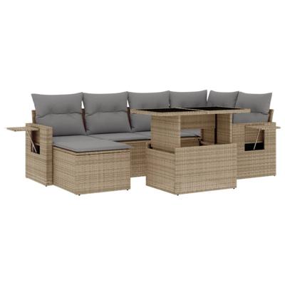 7-delige Loungeset met kussens poly rattan beige