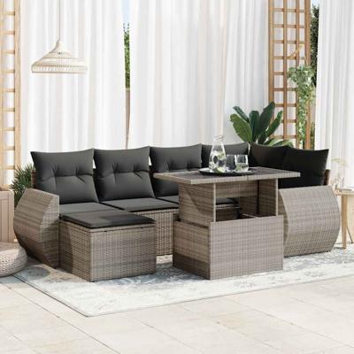 7-delige Loungeset met kussens poly rattan grijs - thumbnail